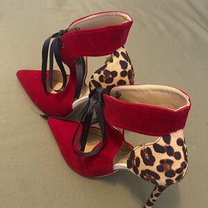 FANCY  Red  Velvet Suede Pointed-Toe Leopard Accent Lace-Up Heels Sz 10” womens